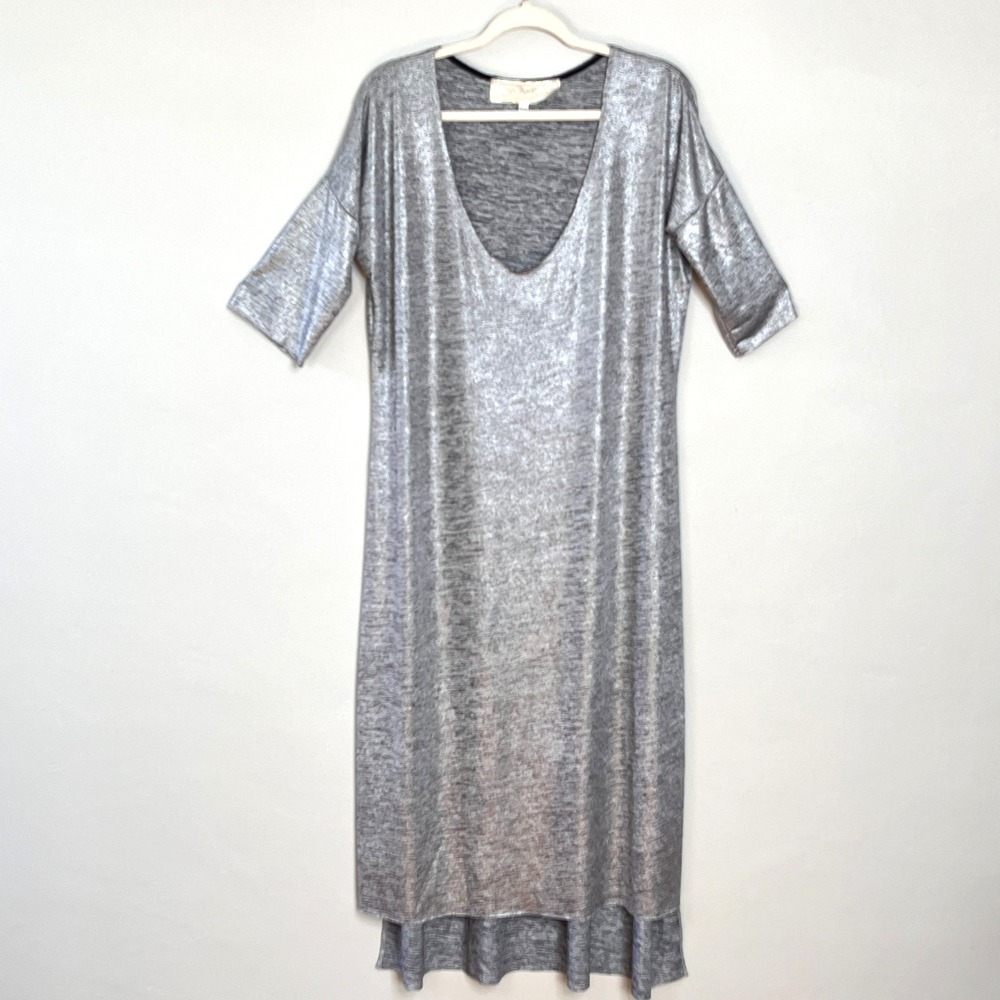 Jens Pirate Booty Silver Metallic Caftan Sheath Midi Dress V-Neck Hi-Low Slit OS